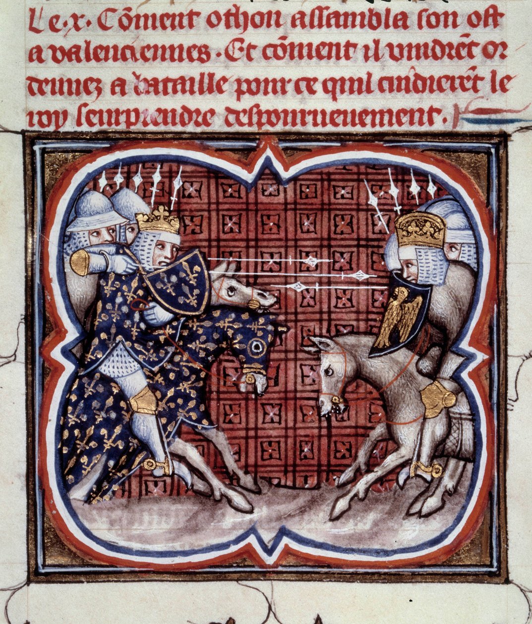 Guerra Franco-Inglesa (1202-1214): la Batalla de Bouvines el 27/07/1214 entre el ejército francés de Felipe Augusto y los flamencos y güelfos de Otón IV de Jean Fouquet