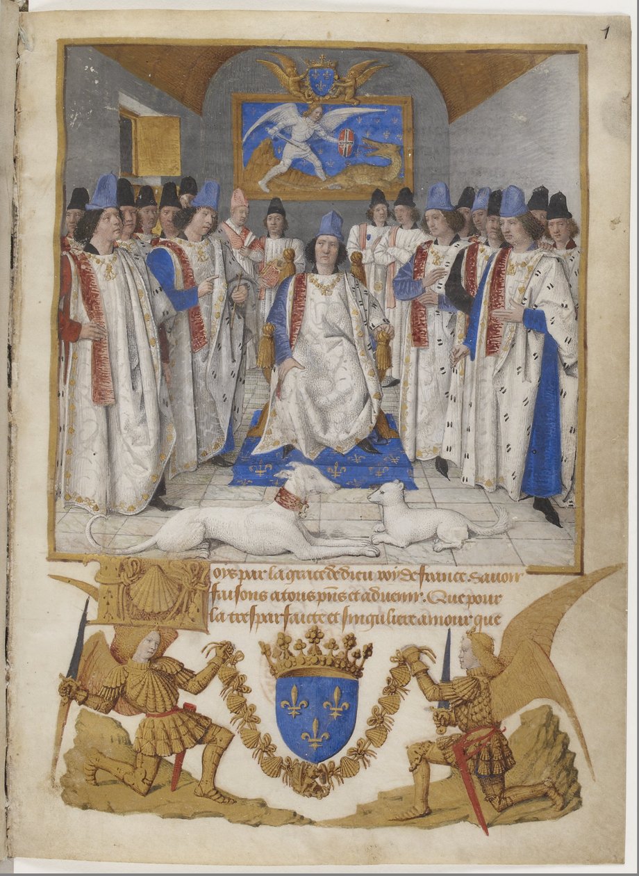 Frontispicio de los Estatutos de la Orden de San Miguel, copia destinada a Luis XI. de Jean Fouquet
