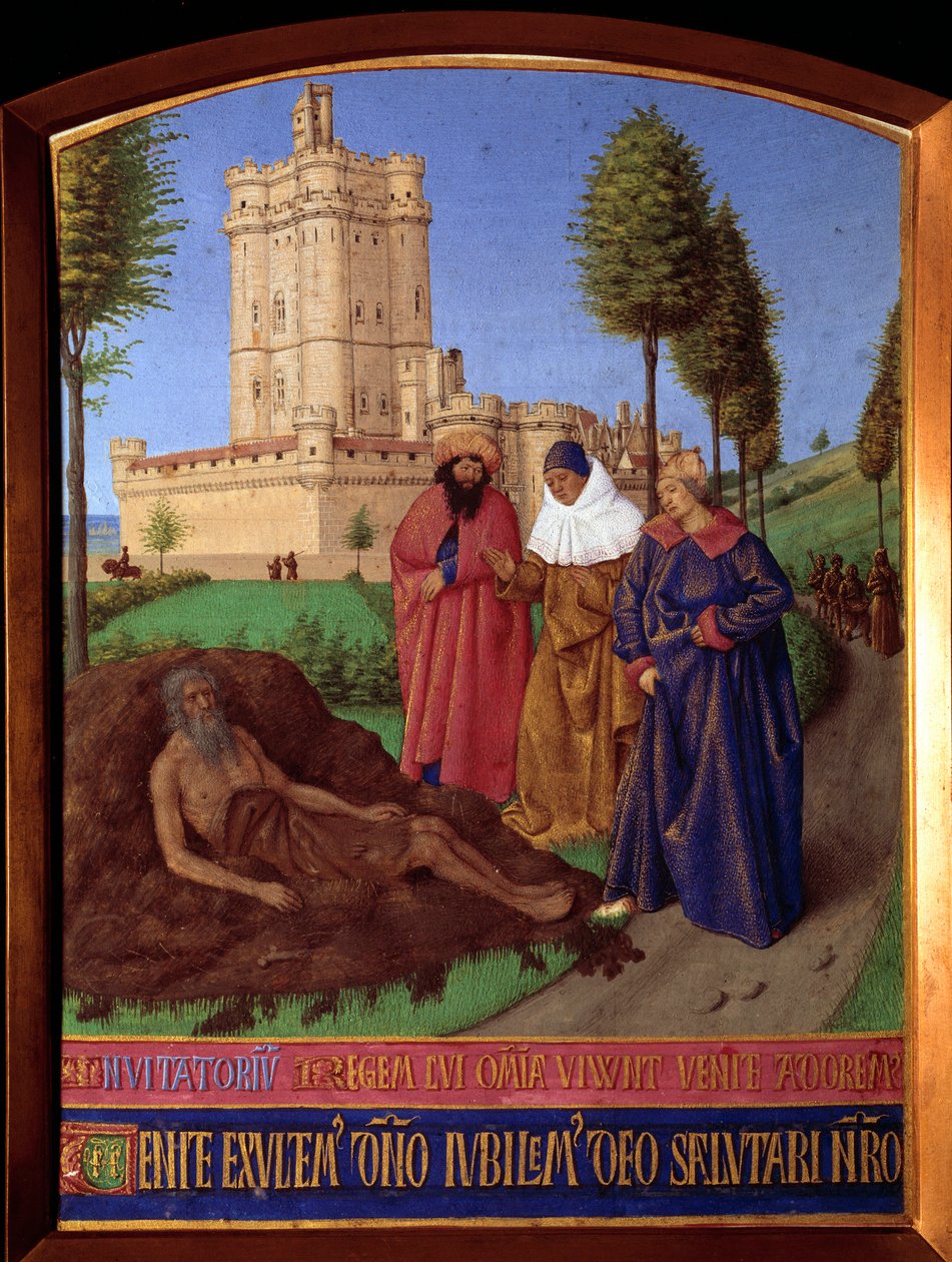 Job en su montón de estiércol, abrumado por todas las desgracias. Miniatura en 