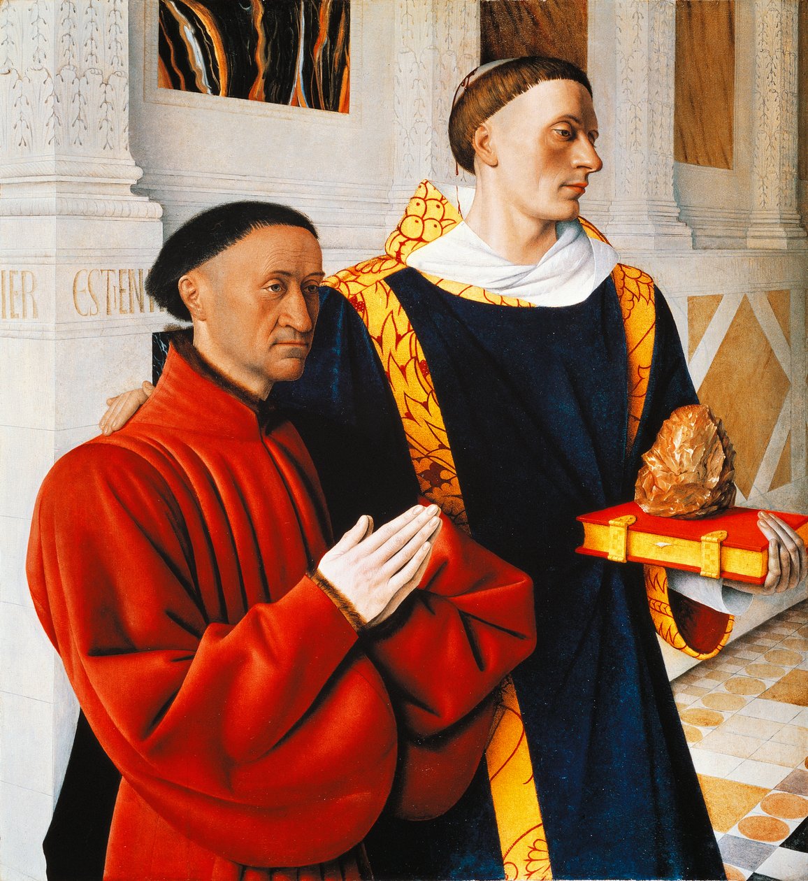 Panel izquierdo del Díptico de Melun: Etienne Chevalier con su santo patrón San Esteban de Jean Fouquet