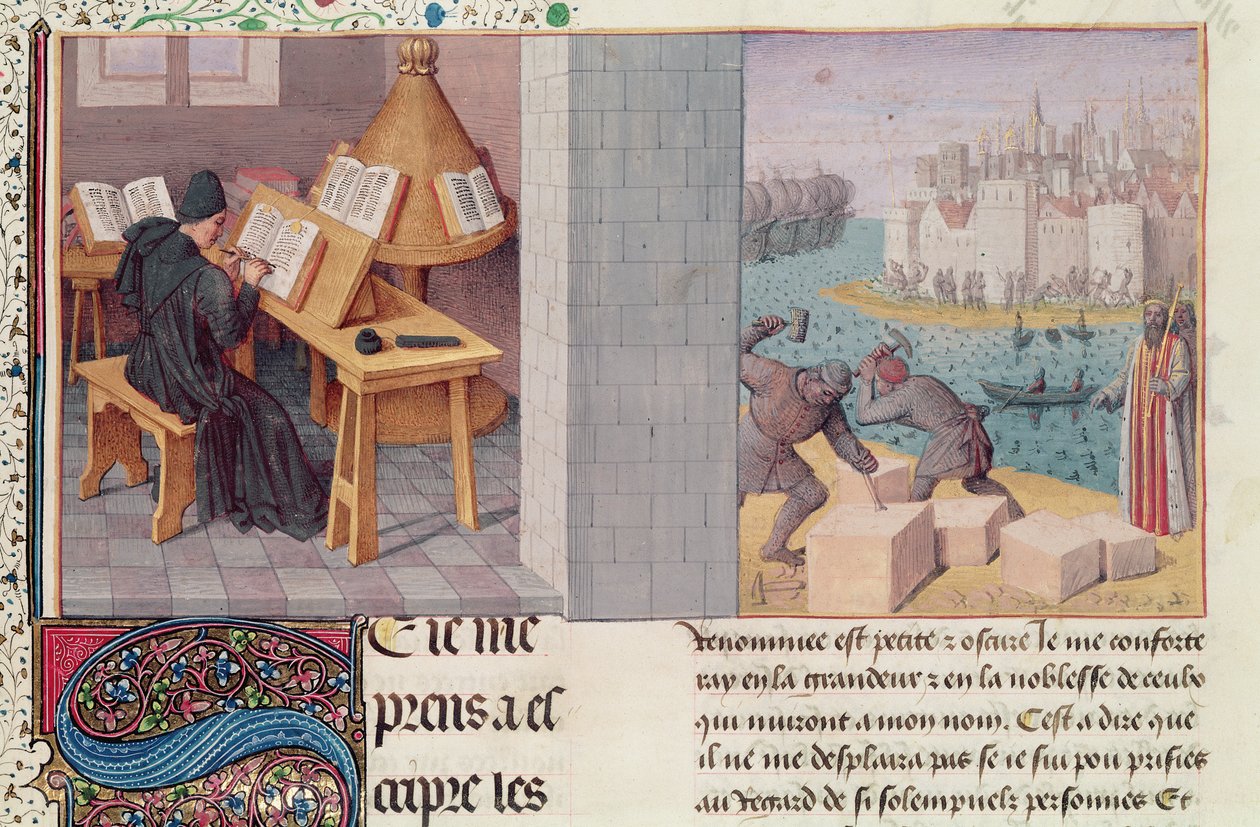 Ms.fr.273 fol.7 Livio (59 a.C.-17 d.C.) escribiendo y la fundación de Roma, de 