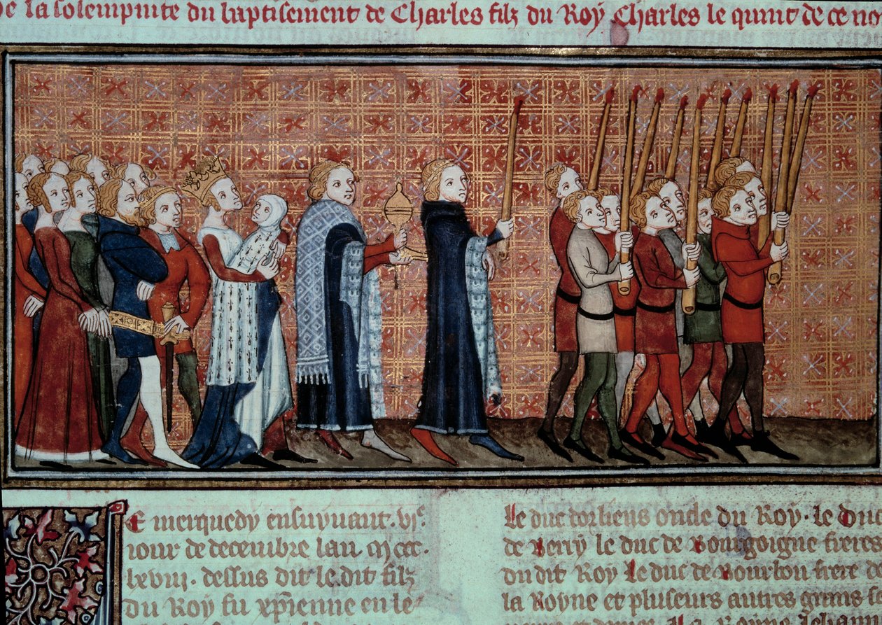 Procesión con motivo del bautizo de Carlos VI (1368-1422) llevada por la Reina Juana de Évreux. Miniatura de “Las grandes crónicas de Francia” de Jean Fouquet (1420-1481) París, B.N. de Jean Fouquet