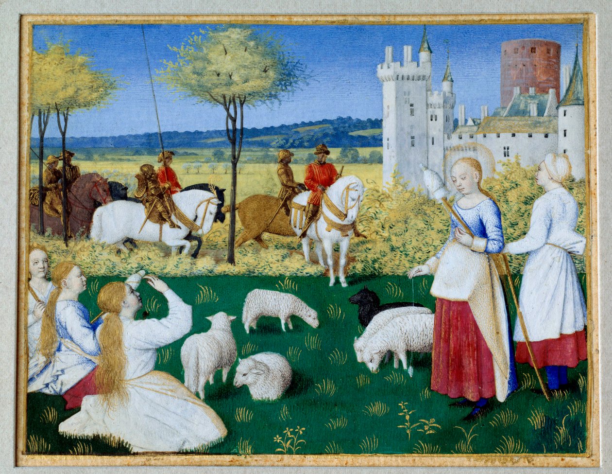 Santa Margarita de Antioquía (siglo III) y Olibrius también conocida como Margarita cuidando las ovejas. Episodio de la Leyenda Dorada de Santiago de la Vorágine (1228-1298). El prefecto Olibrius se enamora repentinamente de Margarita, una joven pastora oc de Jean Fouquet
