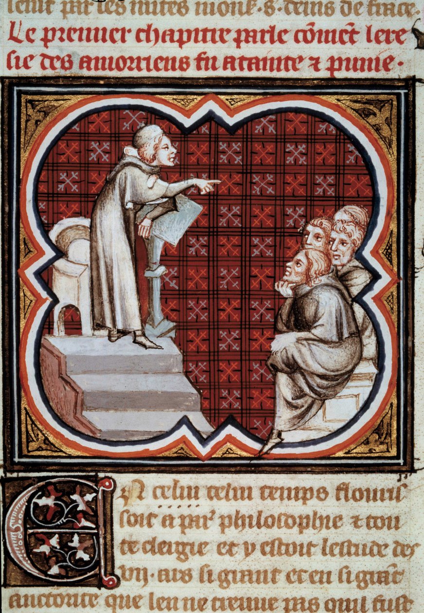 El filósofo y teólogo francés Amaury de Chartres (o Amaury de Bene o Amalricus de Bene) (fallecido en 1209) frente a sus discípulos (los Amauricianos). Miniatura de Les Grandes Chroniques de France iluminada por Jean Fouquet (1420-1481) de Jean Fouquet