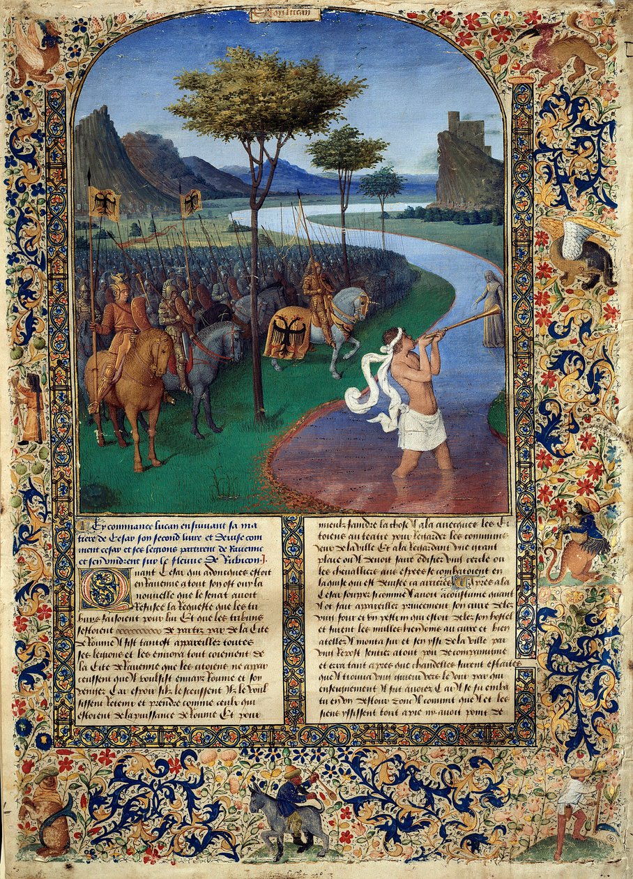 El Paso del Rubicón por Julio César. El general romano Julio César cruzó el Rubicón el 11/01/49 a.C., lo que constituye la separación entre la Galia Cisalpina e Italia. Miniatura de “Historia Antigua hasta César y Hechos de los Romanos” de Jean Fouquet de Jean Fouquet