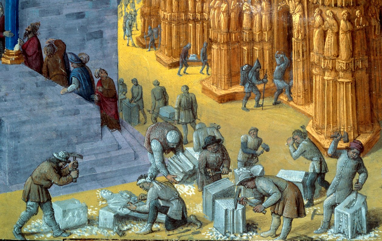 La construcción del templo de Jerusalén por el rey Salomón Detalle que representa a los cortadores de piedra. Miniatura del manuscrito “Las Antigüedades Judaicas” de Flavio Josefo (Giuseppe Flavio, Flavius Josephe) (37-100) ilustrado por Jean Fouquet (1425 de Jean Fouquet