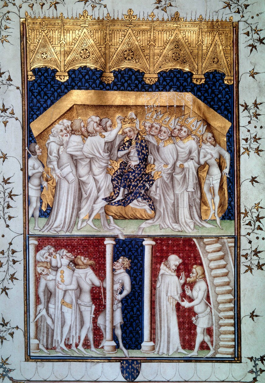 La coronación de Carlos VI (1368-1422) por los pares de Francia el 16/09/1380. Miniatura de las Grandes Crónicas de Francia por Jean Fouquet (1420-1481) siglo XV París, B.N. de Jean Fouquet