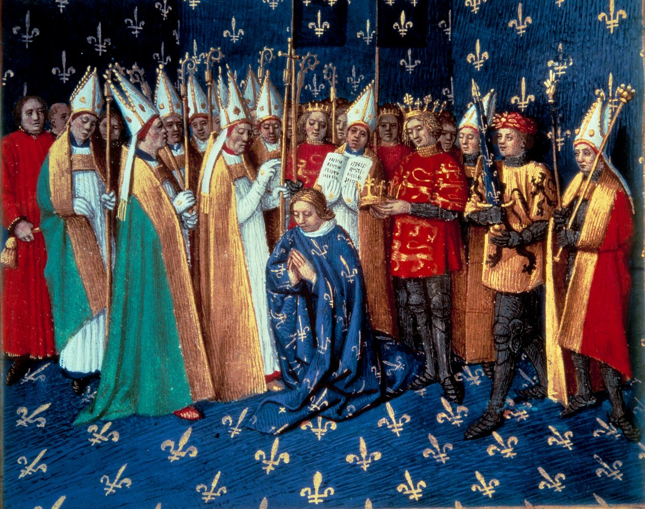 La coronación de Felipe Augusto en Reims el 1/11/1179. Miniatura de 