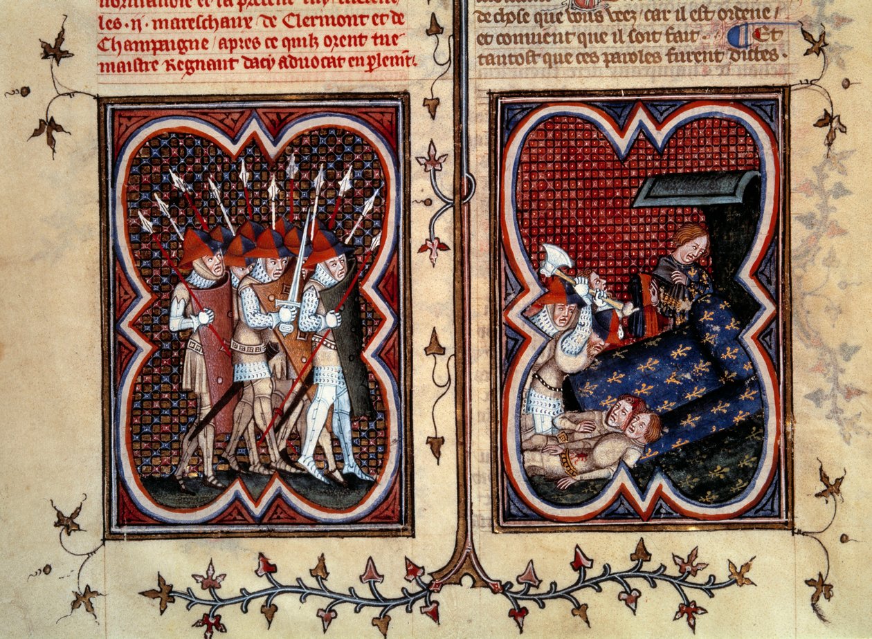 Los mariscales Robert de Clermont y Jean de Conflans fueron asesinados por Étienne Marcel (1315-1358) y sus hombres en la sala del delfín Carlos (futuro Carlos V) en el Palacio de la Cité el 22 de febrero de Jean Fouquet
