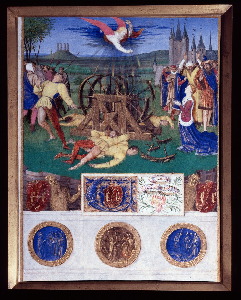 El martirio de Catalina de Alejandría. Miniatura tomada de "El Libro de Horas de Etienne Chevalier" por Jean Fouquet (1420-1477/1481) de Jean Fouquet