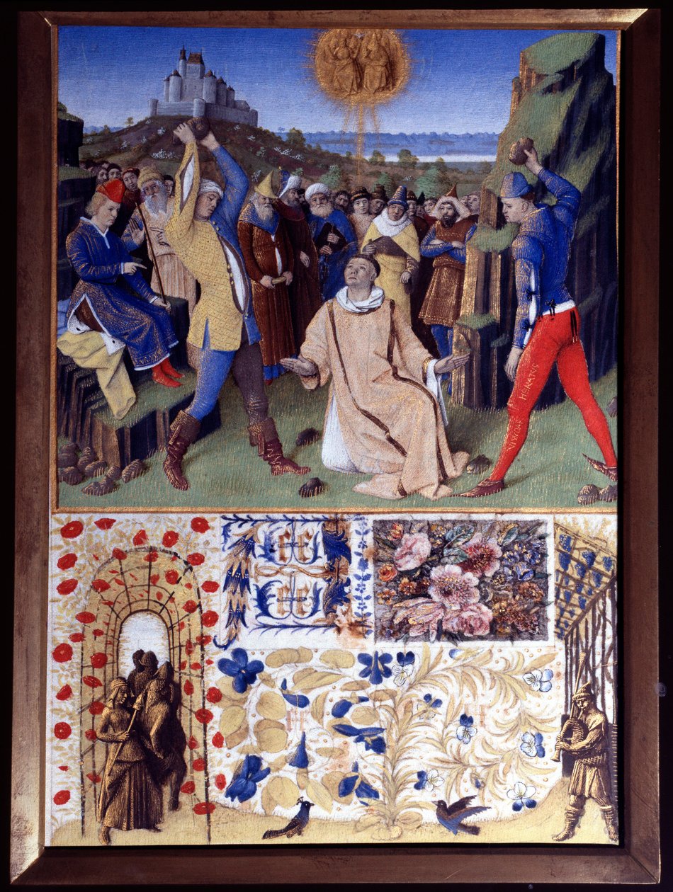 El martirio de San Esteban por lapidación. Miniatura tomada de "El Libro de Horas de Etienne Chevalier" por Jean Fouquet (1420-1477/1481) de Jean Fouquet