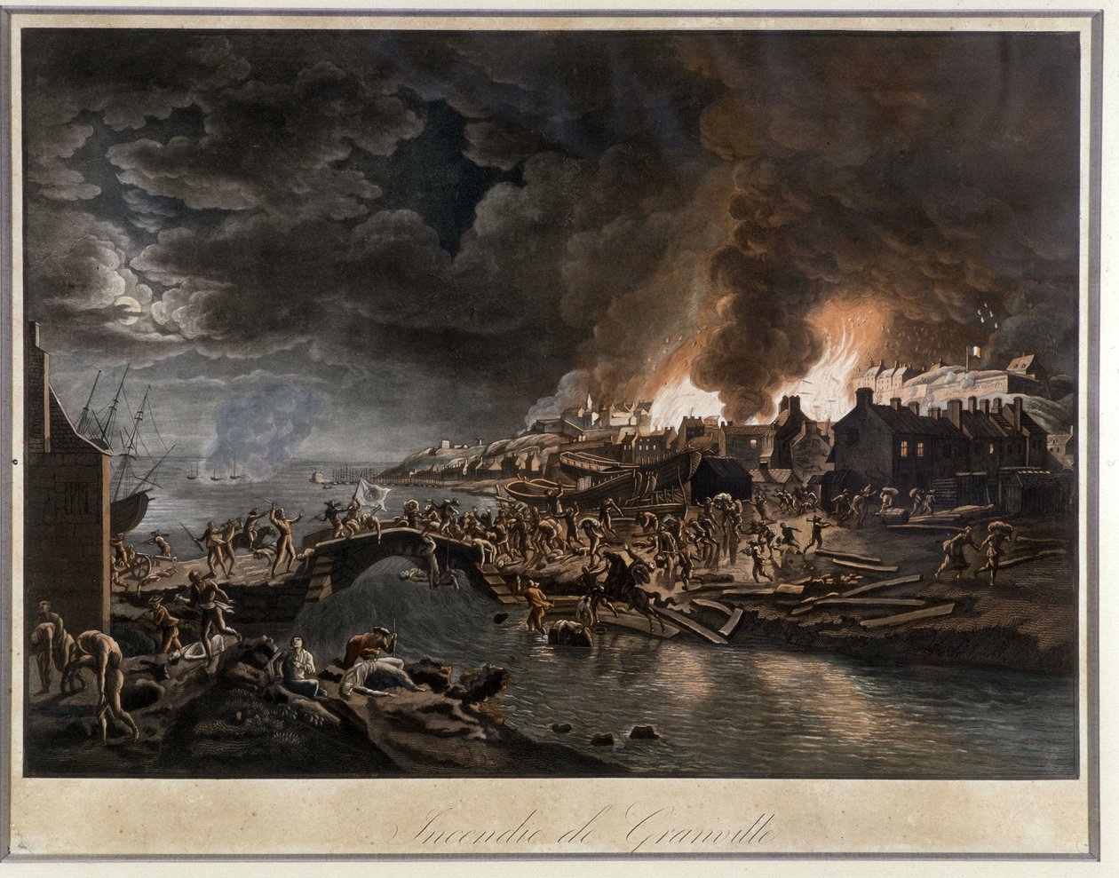 Granville en llamas asediada por los Vandeanos, basado en pintura de J. François Hue, c. 1800 de Jean Francois Hue