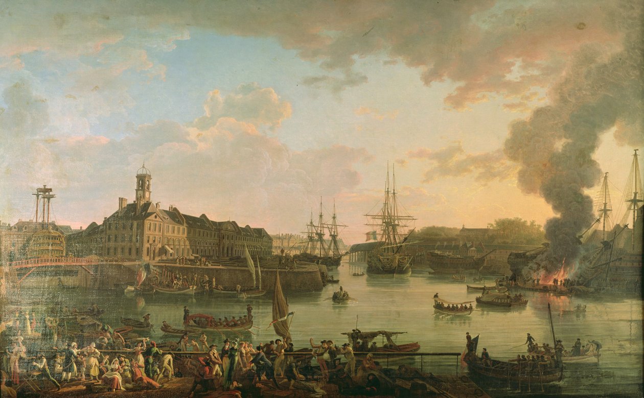 Vista del puerto de Brest desde los muelles cubiertos en 1795 de Jean Francois Hue