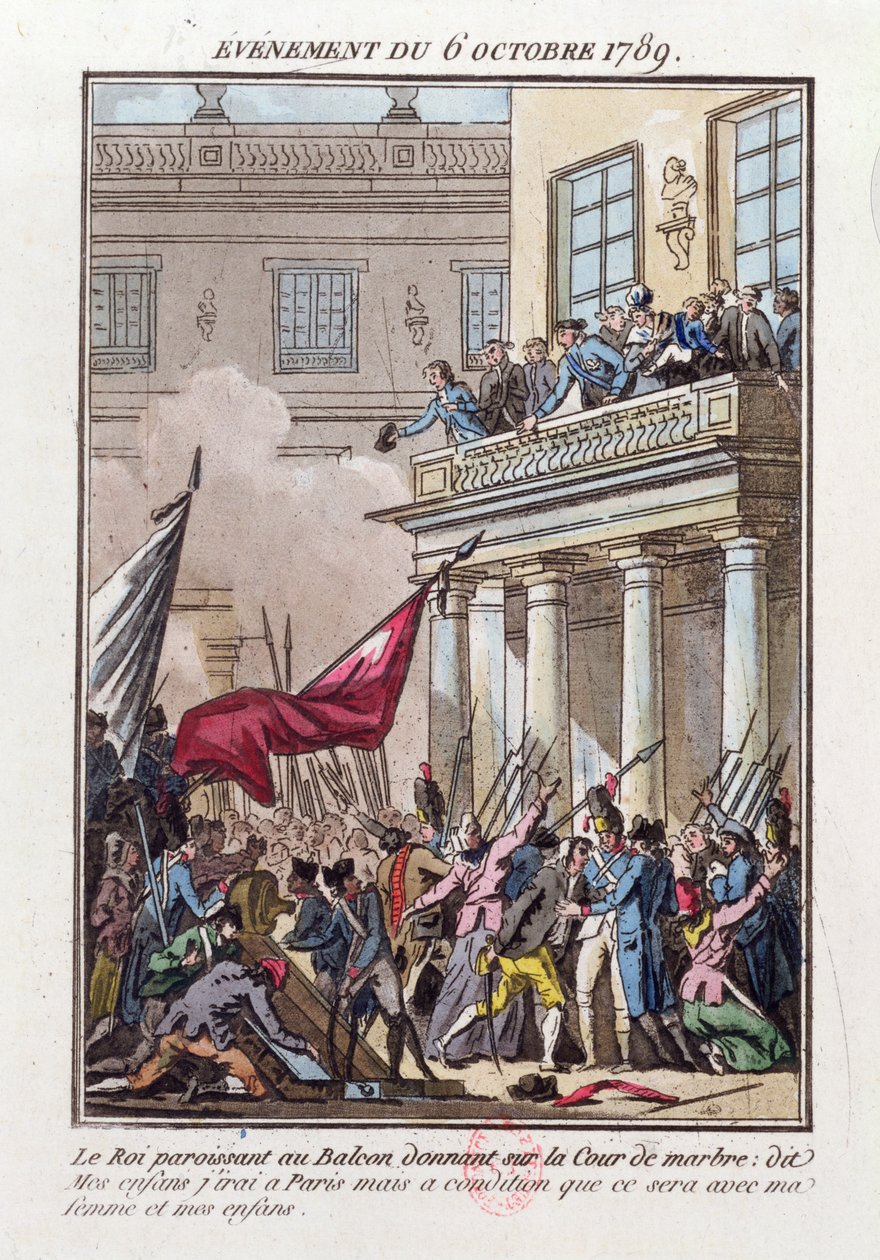 Luis XVI apareciendo en el balcón en Versalles el 6 de octubre de 1789 para decirle a la multitud parisina que irá a París con la condición de que su esposa y su familia viajen con él de Jean Francois Janinet