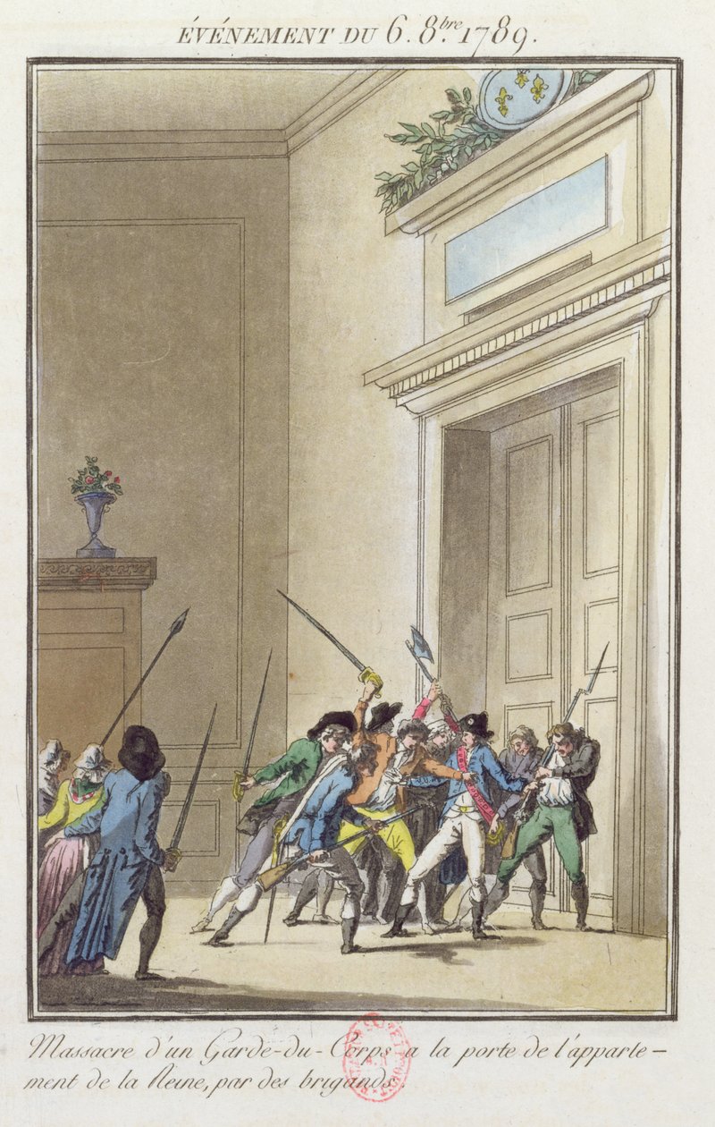 Multitud de Parisinos atacando y matando a la guardia en la entrada de los apartamentos de la Reina en Versalles, 6 de octubre de 1789 de Jean Francois Janinet