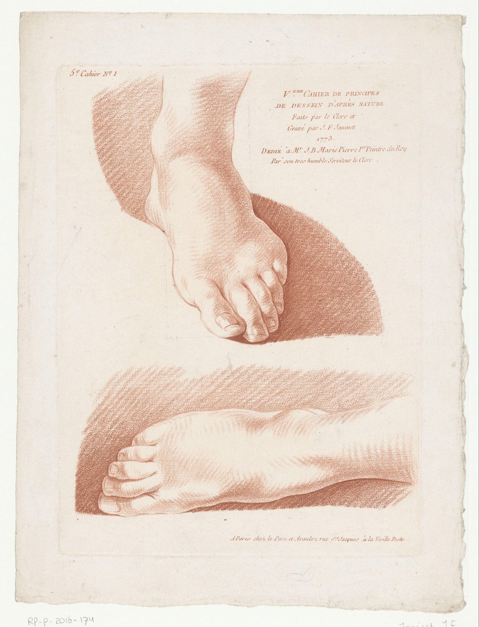Impresión del título con dos pies
Composiciones con partes del cuerpo humano (título de la serie)
V.eme Cahier de principes de dessein d