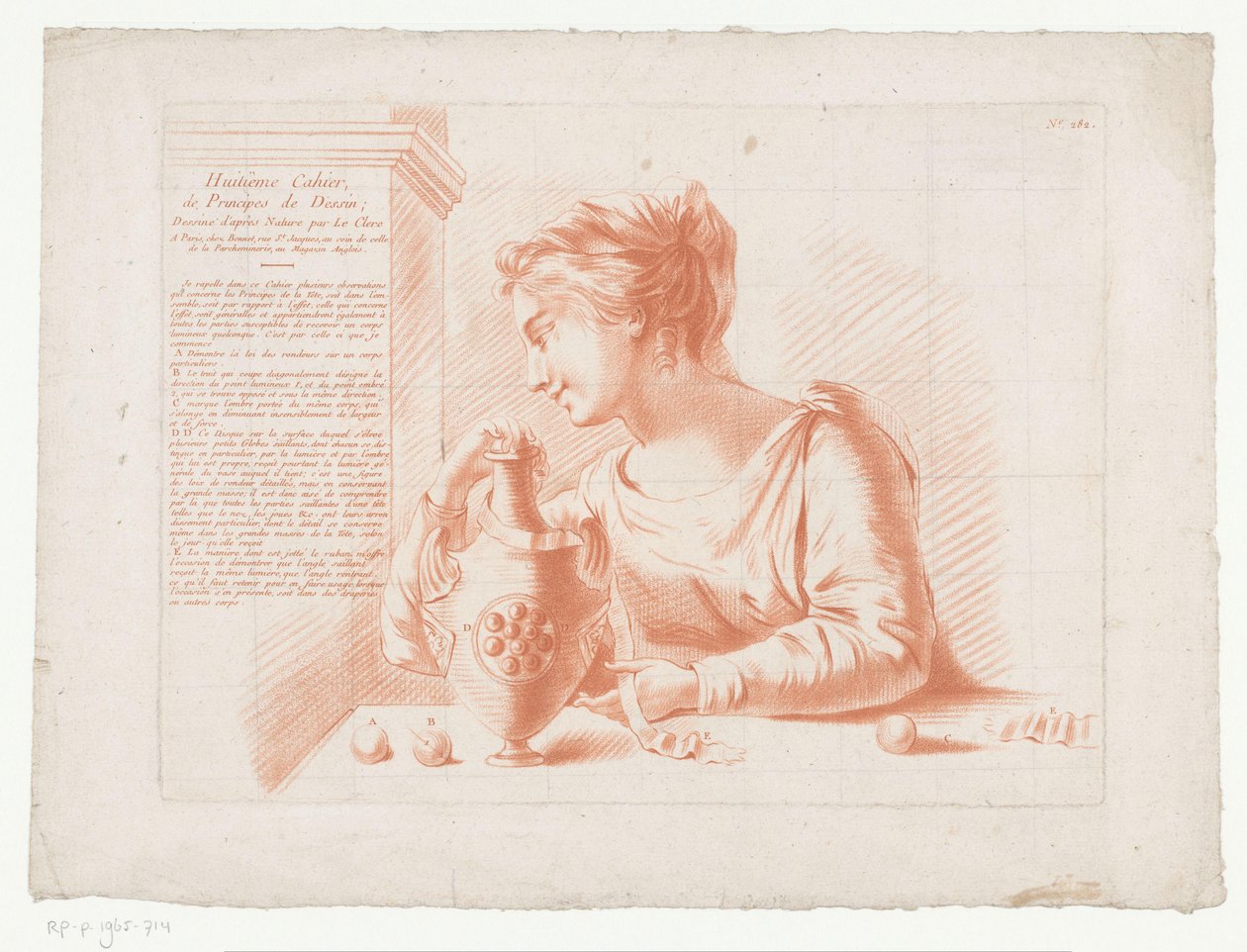 Impresión de título con mujer y jarra. Composiciones con partes del cuerpo humano (título de serie) Huitième Cahier, the Principes de Dessin (título de la serie sobre el objeto) de Jean Francois Janinet