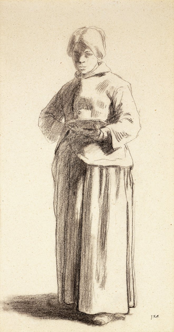 Una mujer de pie sosteniendo una taza, c.1852-56 de Jean Francois Millet