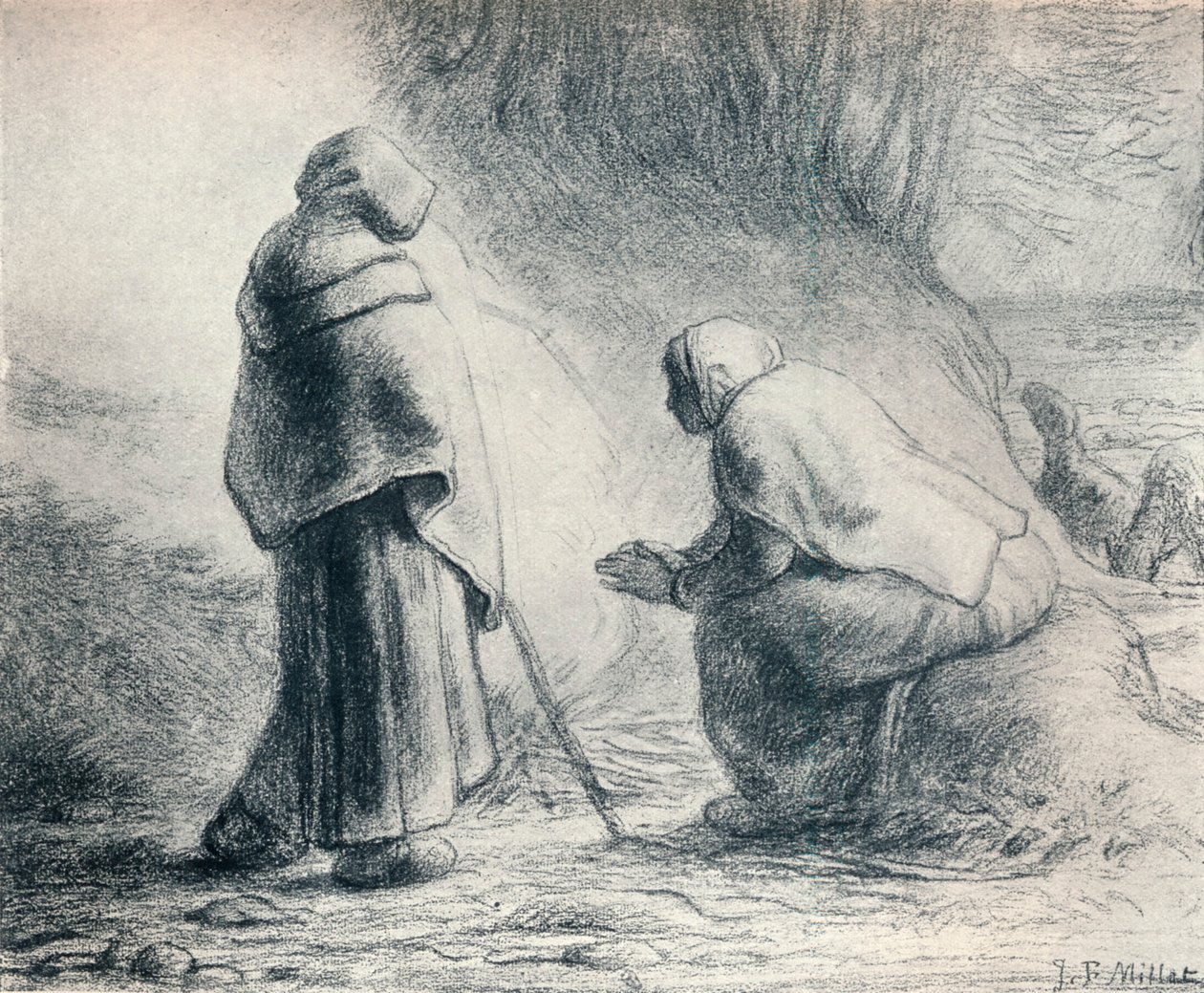 Bergeres Se Chauffant, Pastores en un Fuego, siglo XIX de Jean Francois Millet