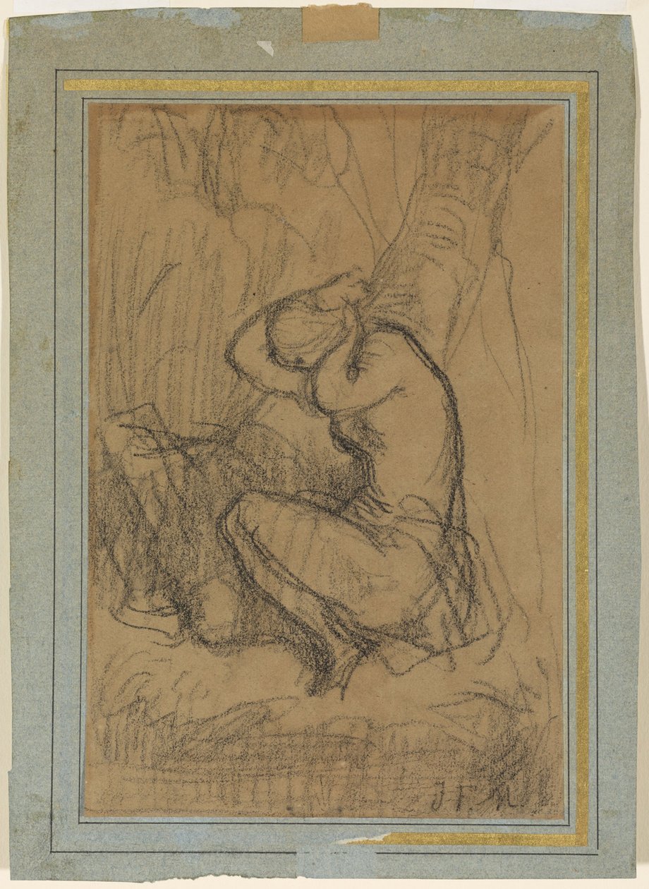 mujer joven, sujetar, ella, largo, pelo, arriba, después, el, baño de Jean Francois Millet