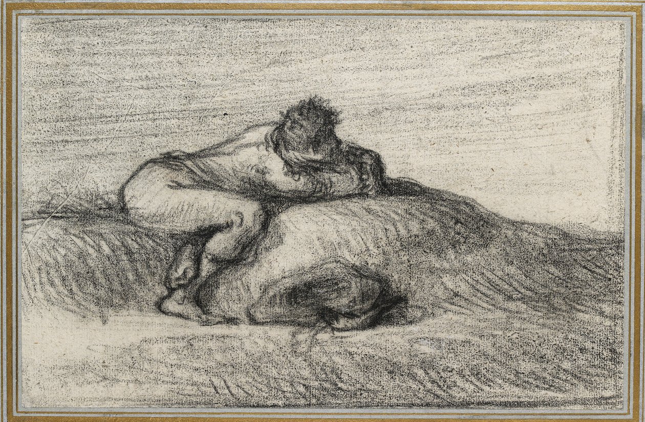 Hombre agachado en un montículo, 1848 - 1850 de Jean Francois Millet
