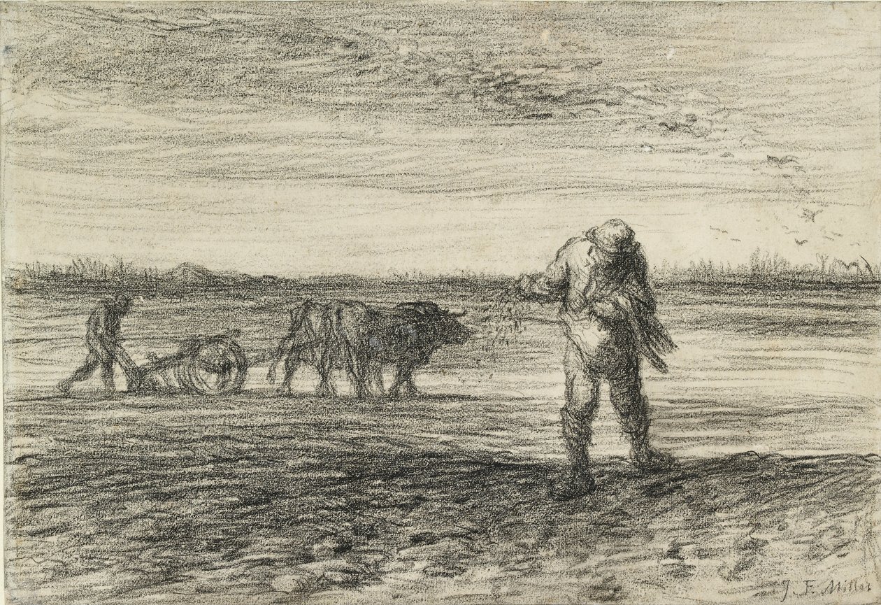 Hombre arando y otro sembrando, 1849-1852 de Jean Francois Millet