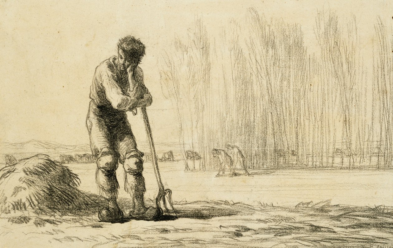 Campesino apoyado en una horca de Jean Francois Millet