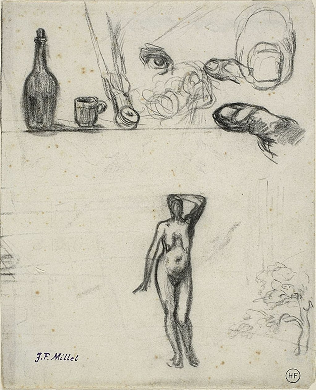 Hoja de Bocetos: Desnudo Femenino de Pie, Árbol, Naturaleza Muerta, Dedos y Ojo de Jean Francois Millet