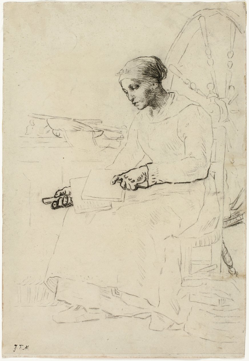 El cardador de lana (recto); Boceto fragmentario de hombre de pie junto a una cerca (verso) de Jean Francois Millet