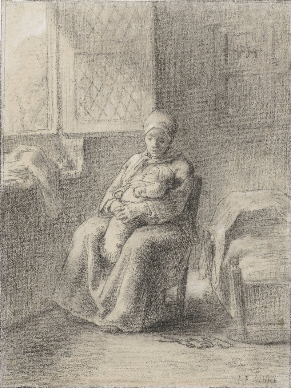 Mujer sentada con su bebé en una ventana abierta de Jean Francois Millet