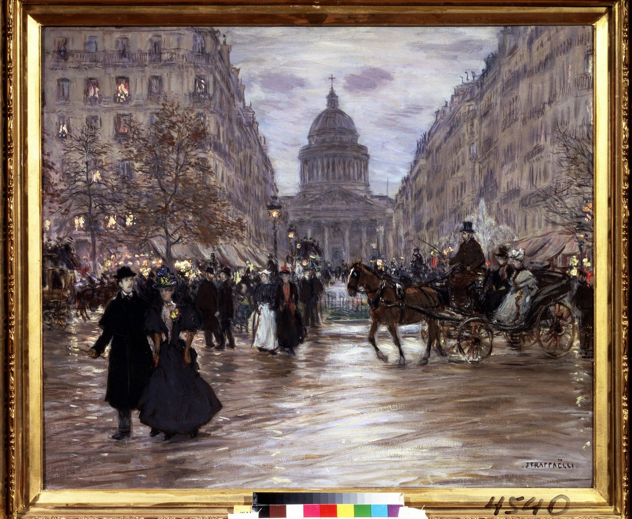 ""Boulevard Saint Michel"" Vista de la Rue Soufflot y el Panteón desde los Jardines de Luxemburgo y el Boulevard Saint-Michel de París, taxis y parejas elegantes animan la calle al caer la noche. Pintura de Jean Francois Raffaelli (18 de Jean Francois Raffaelli