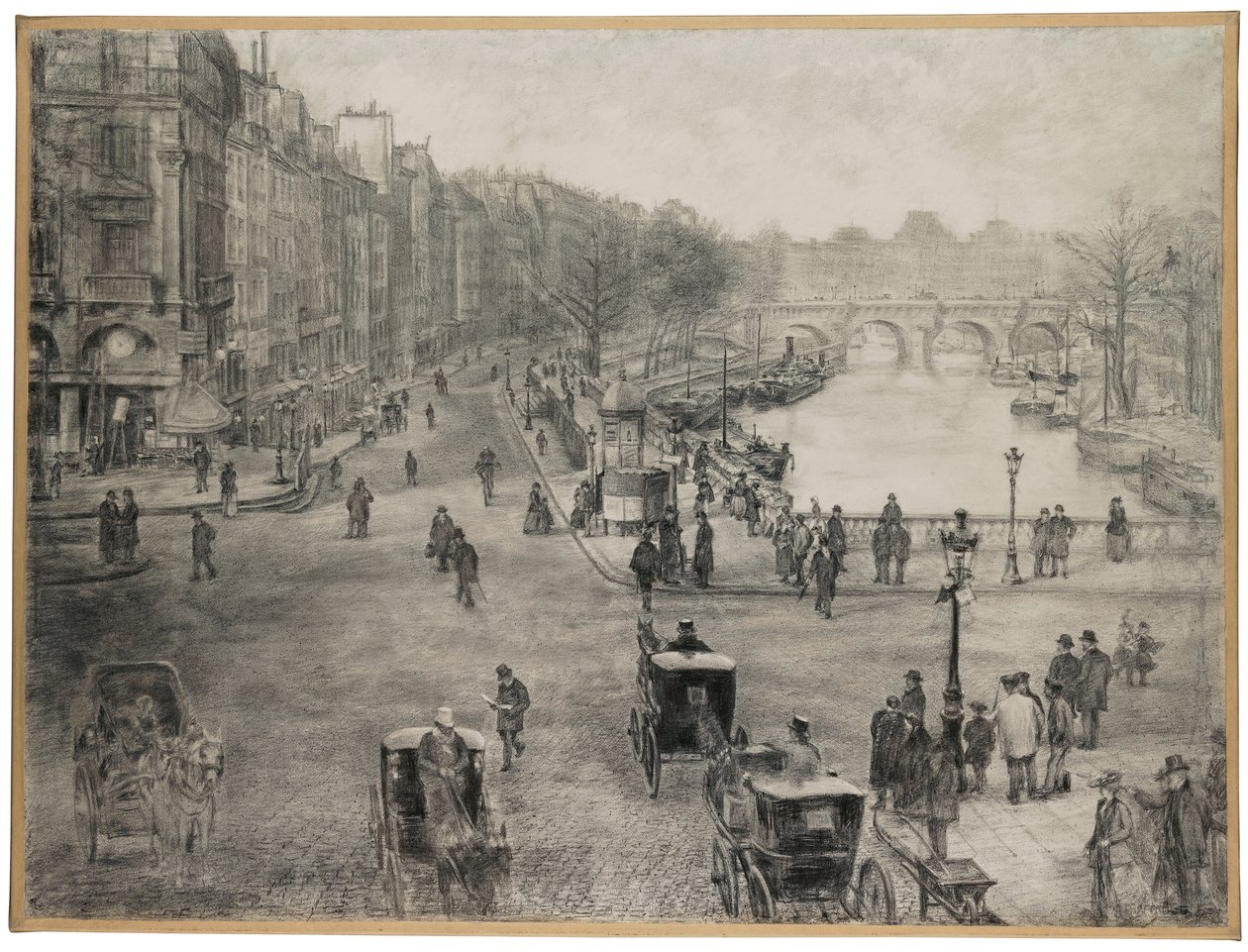 París, La plaza de Saint Michel con el muelle de los Grandes Augustinos y el puente Saint Michel en primer plano y el puente Neuf y el Louvre en el fondo, c.1900 de Jean Francois Raffaelli
