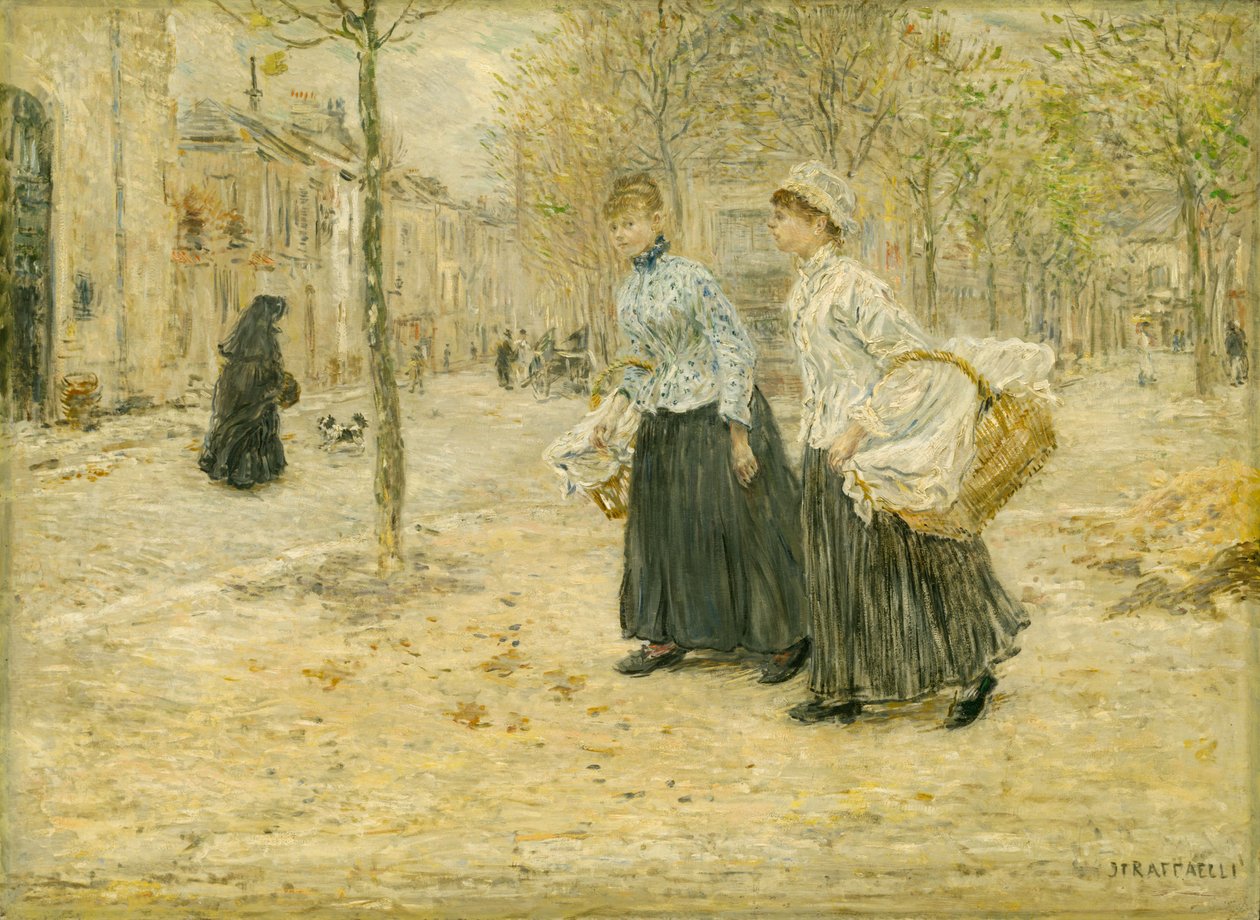 Dos lavanderas cruzan un pequeño parque de París de Jean Francois Raffaelli