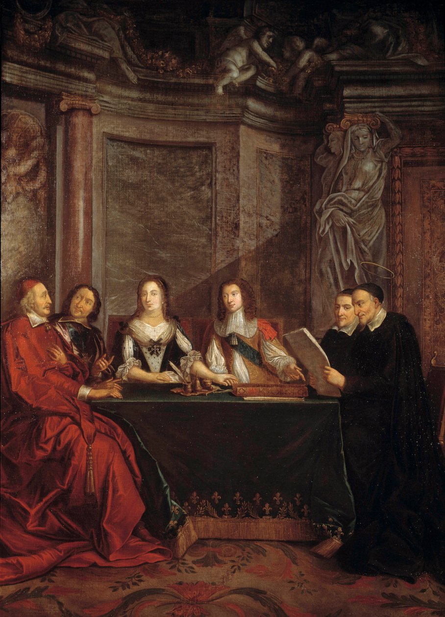 El consejo de conciencia: San Vicente de Paúl, jefe del consejo de conciencia leyendo ante el Cardenal Jules Mazarin, Pierre Seguier, la Reina Ana de Austria y Luis XIV de Jean François de Troy
