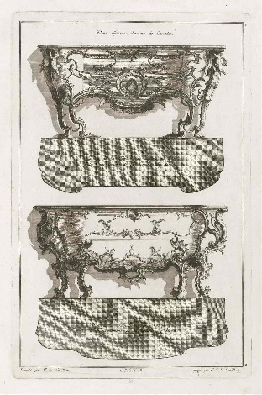 Dos diferentes diseños de cómodas de Jean François Cuvilliés