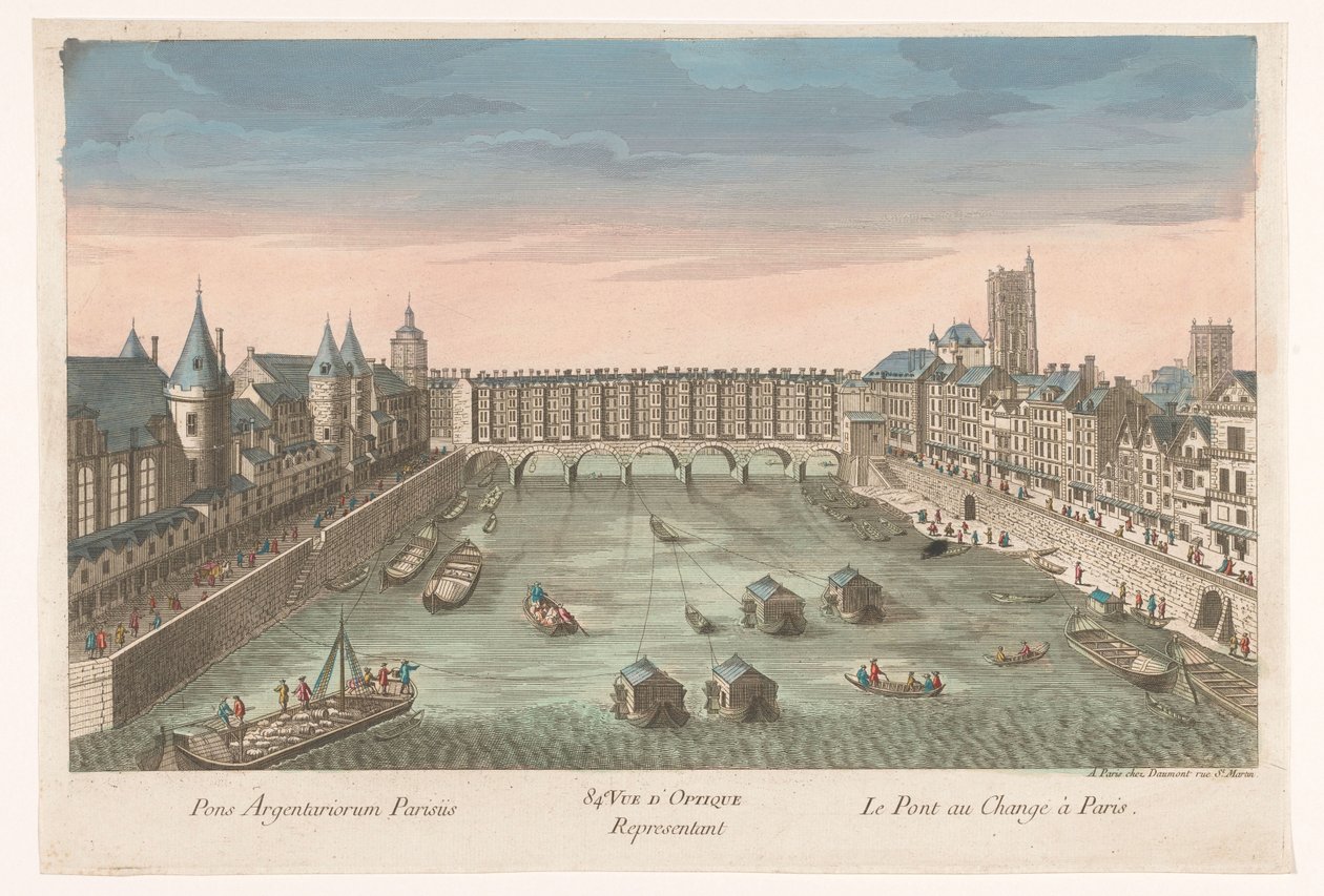 Vista del Puente del Cambio sobre el río Sena en París
84e. Vista óptica del Puente del Cambio en París (título en el objeto) de Jean François Daumont