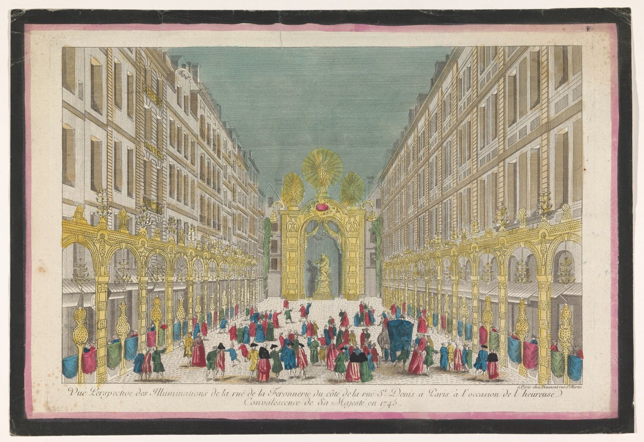 Vista de la decoración de la Rue de la Feronnerie de París con motivo de la restauración de Luis XV, rey de Francia, en 1745 Vue perspectiva des iluminaciones de la Ruë de la Feronnerie du côté de la Ruë St. Denis a Paris (...) (título en o de Jean François Daumont