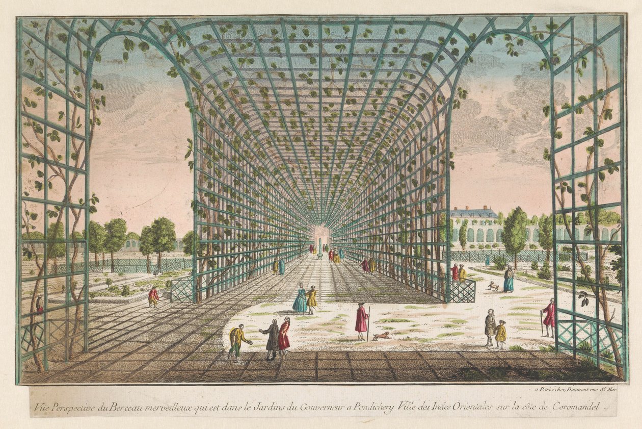 Gezicht op de loofgang van de tuin van de gobernador te Pondicherry Vista en perspectiva de la maravillosa cuna que se encuentra en los jardines del gobernador en Pondicherry, una ciudad de las Indias Orientales en la costa de Coromandel (título sobre el o de Jean François Daumont