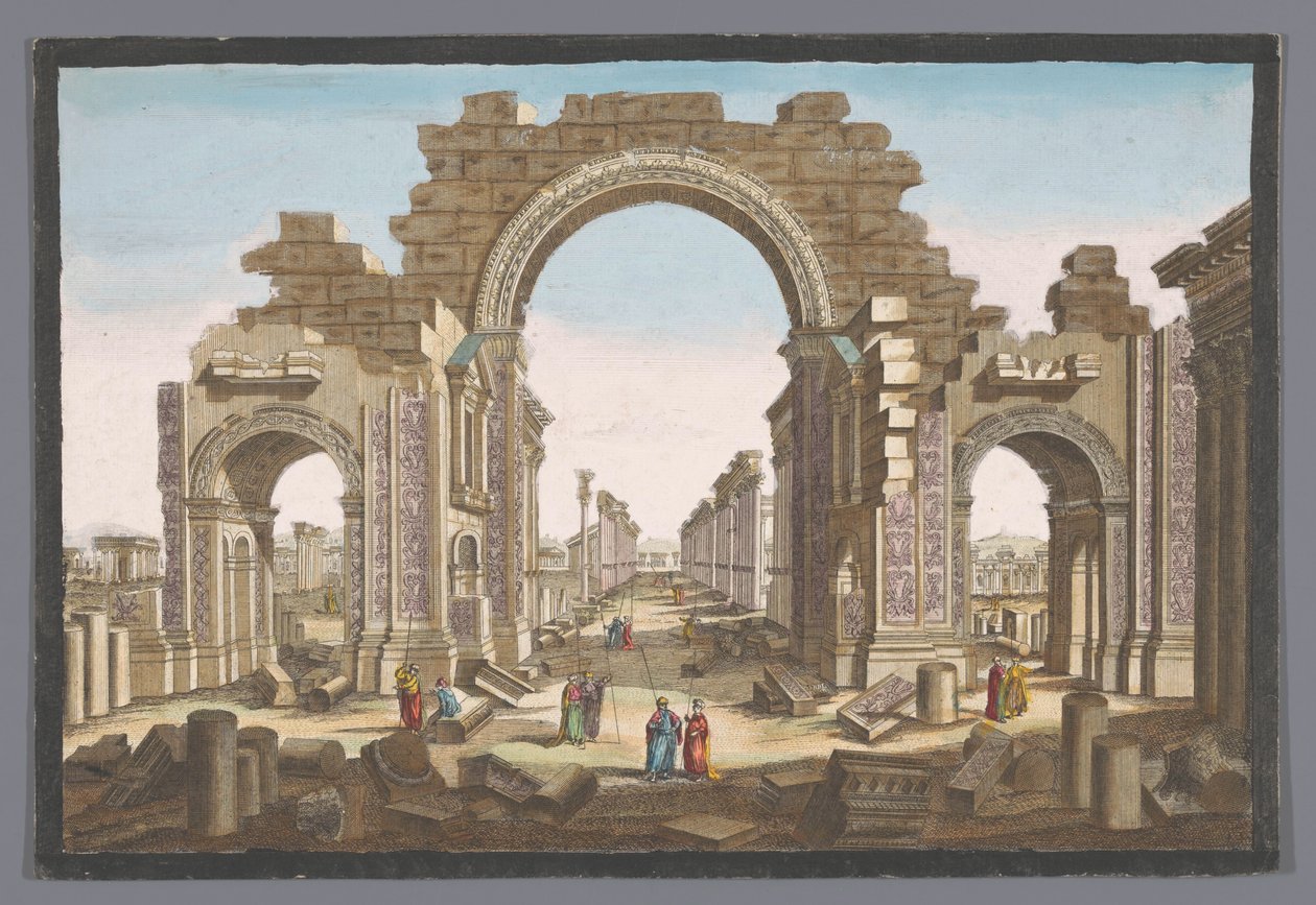 Vista de las ruinas del arco de la columnata en Palmyra, visto desde el este 11 Vue d