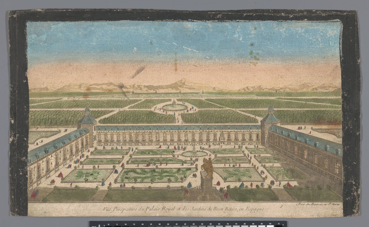 Vista del jardín y del Palacio del Buen Retiro en Madrid Vüe ​​​​perspective du Palais Royal et des Jardins du Buen Retiro, en Espagne (título sobre objeto) de Jean François Daumont