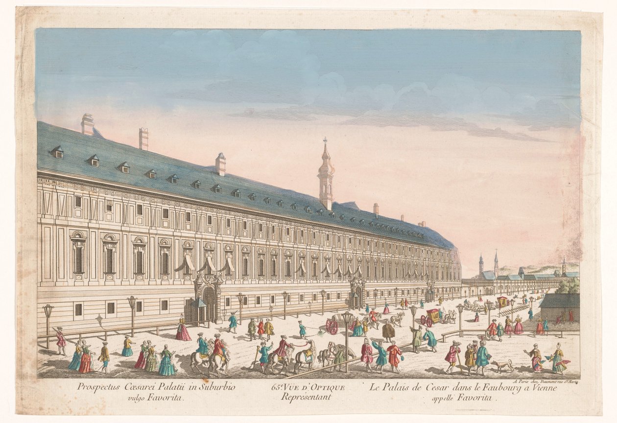 Vista de un palacio imperial en un barrio de Viena
65e. Vasija de óptica que representa el palacio de César en el barrio de Viena llamada Favorita (título en el objeto) de Jean François Daumont