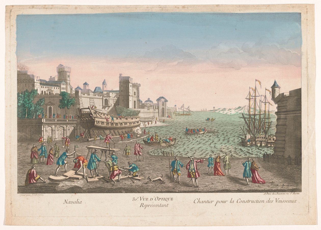 Ver la respuesta a una pregunta
30e. Vista óptica que representa un astillero para la construcción de barcos (título en el objeto) de Jean François Daumont