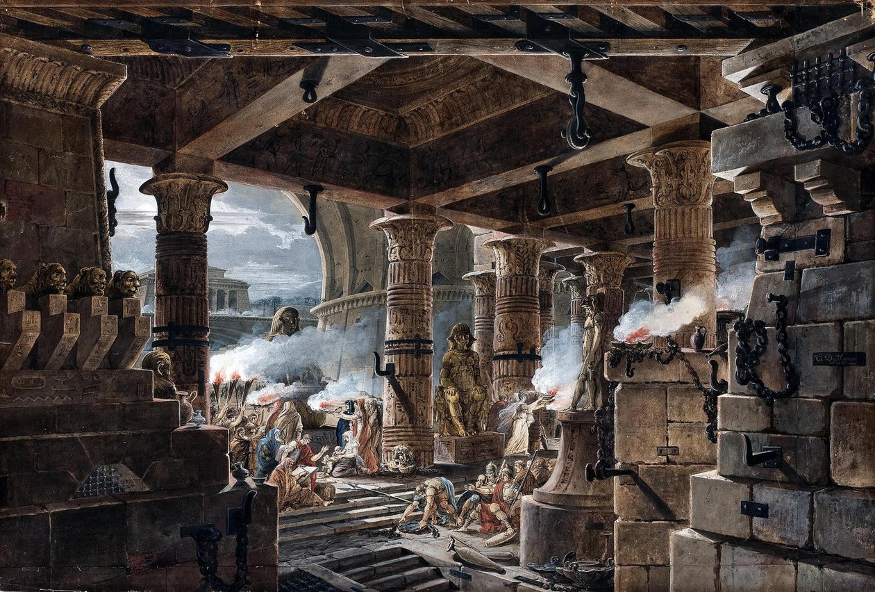 Fantasía arquitectónica - vista interior de un templo egipcio, 1803 de Jean François Thomas de Thomon