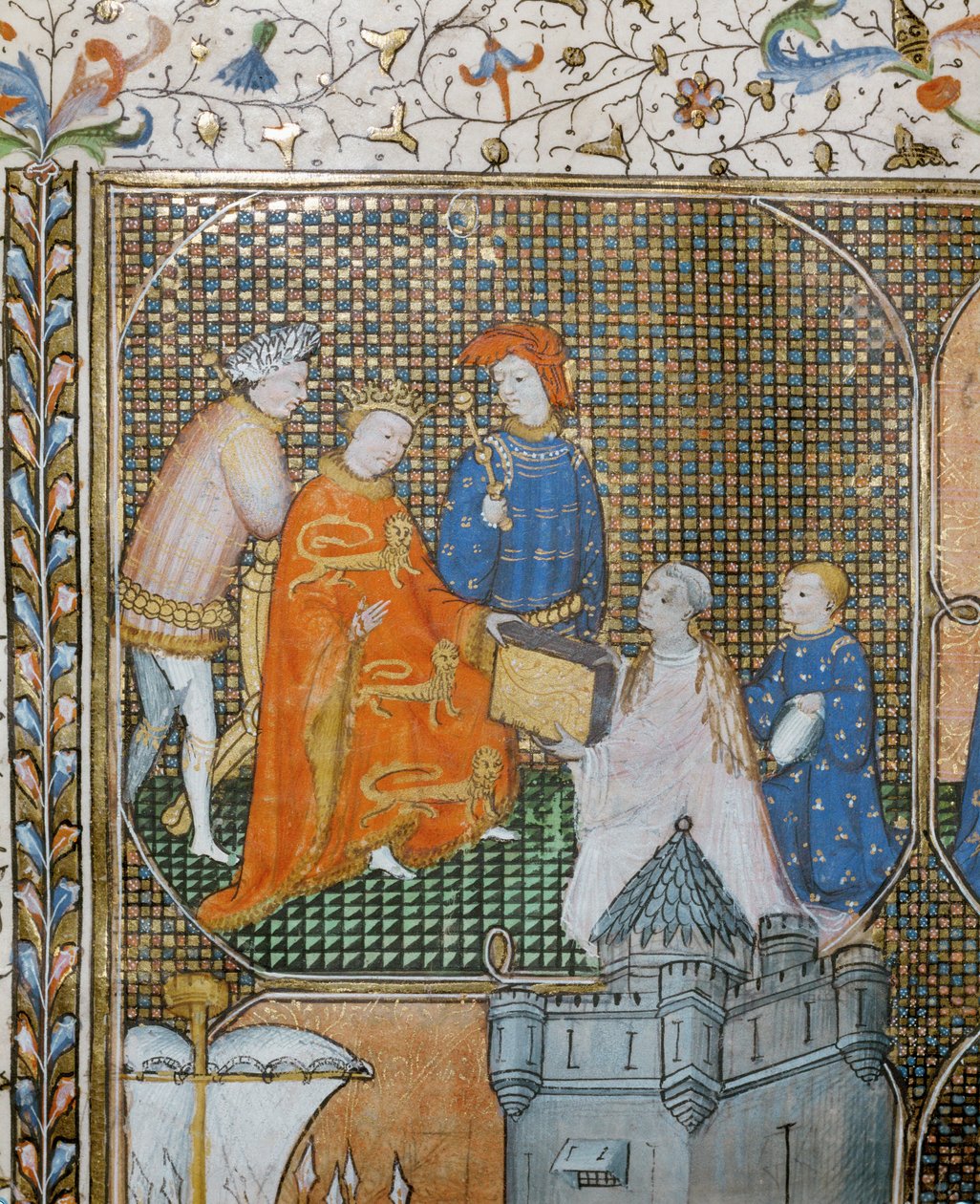 El historiador Froissart, de rodillas y vestido de clérigo, presenta sus Crónicas de la Guerra de los Cien Años a Eduardo III ... de Jean Froissart