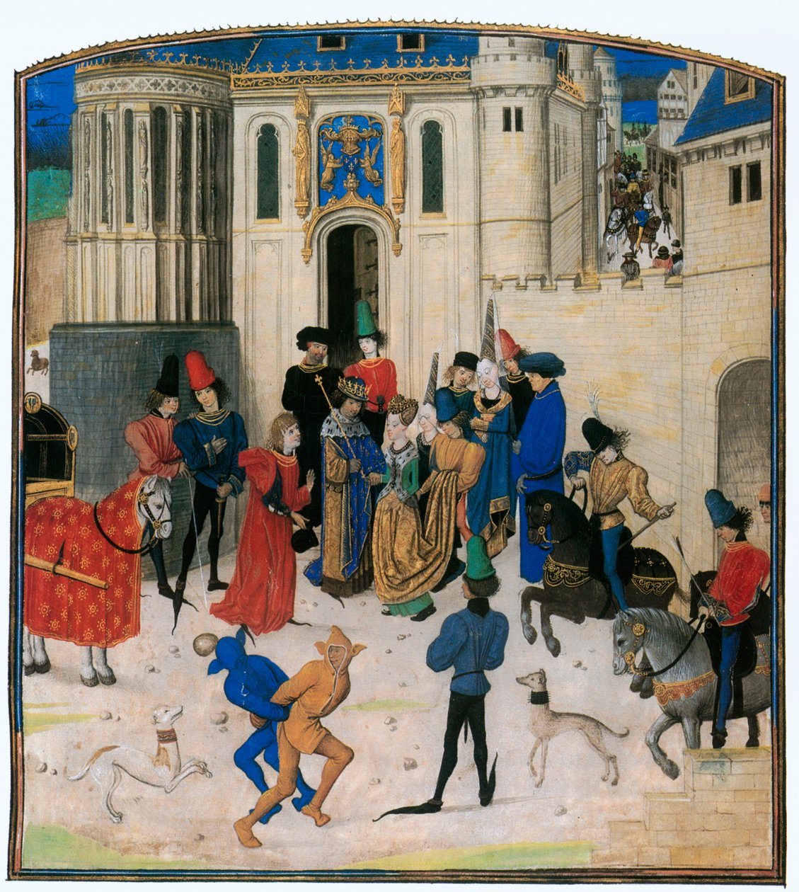 En el exterior de la Puerta de San Denis, el rey Carlos VI de Francia saluda a su reina Isabeau de Baviera ... de Jean Froissart