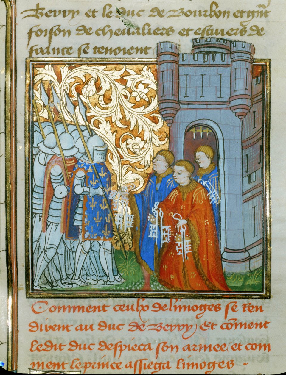 Tres magistrados de Limoges, vestidos de gala, entregan las llaves de la ciudad al duque de Berry ... de Jean Froissart