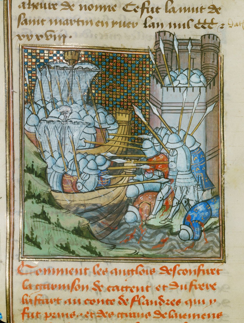 Dos barcos ingleses con soldados con armadura y lanzas atacan el puerto de Cadsand en Flandes ... de Jean Froissart