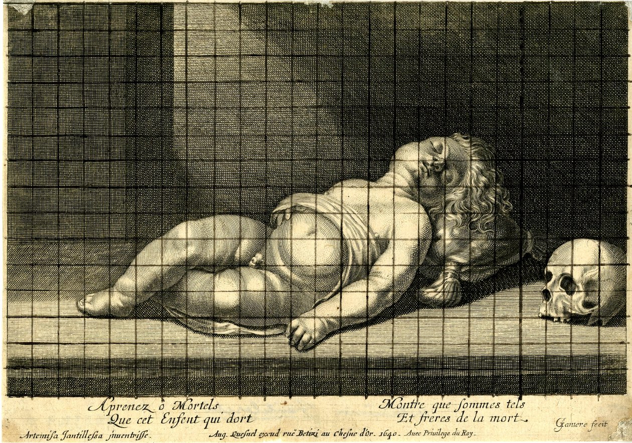 Jean Ganière - Niño durmiendo con la cabeza apoyada en un cojín; cráneo a la derecha. 1640 de Jean Ganière