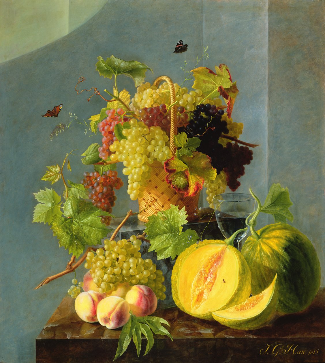 Naturaleza muerta con cesta de uvas y melones, 1815 (óleo sobre cobre) de Jean Georges Hirn