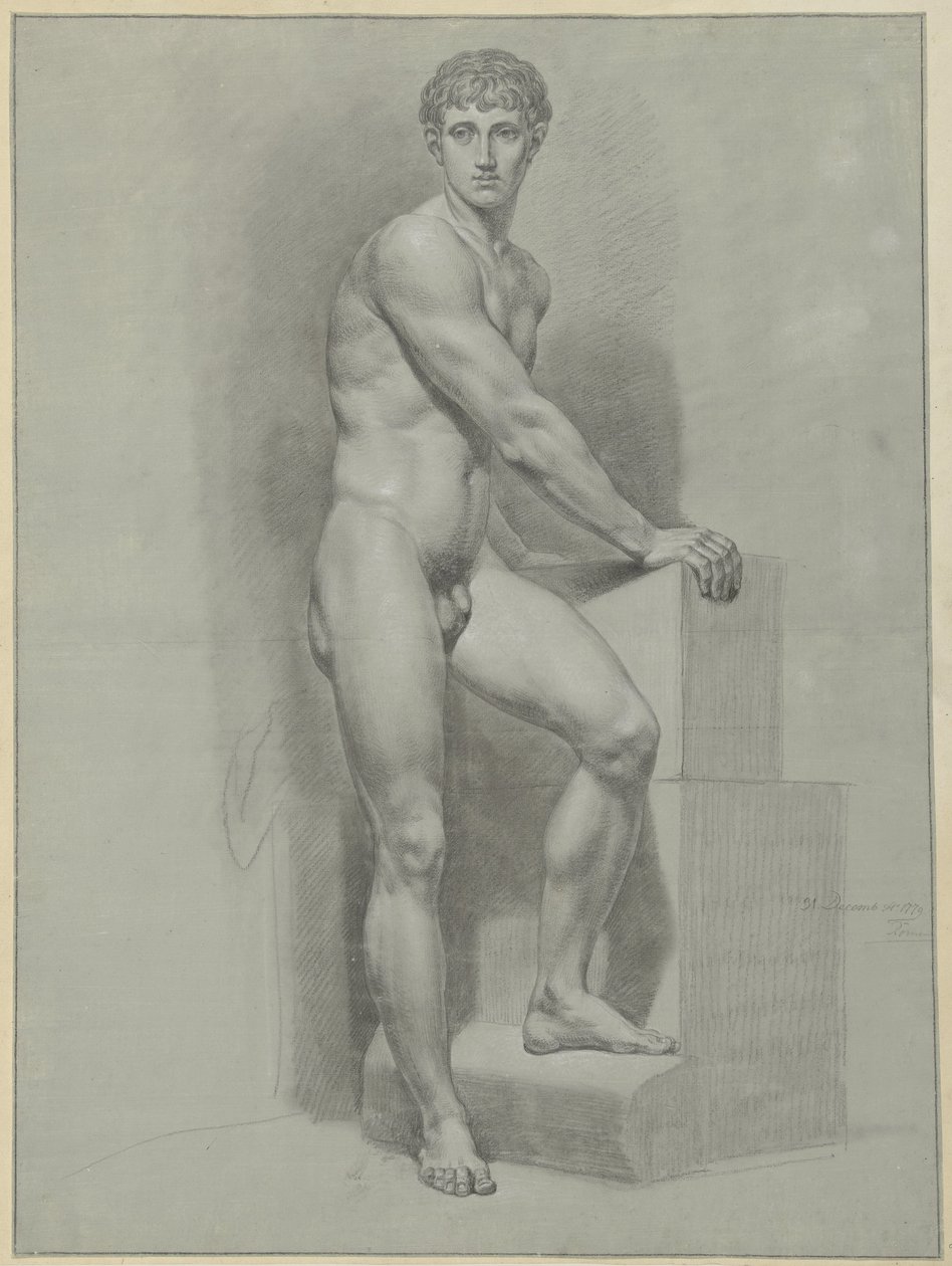 Desnudo masculino de pie, con los brazos sobre un bloque de Jean Grandjean